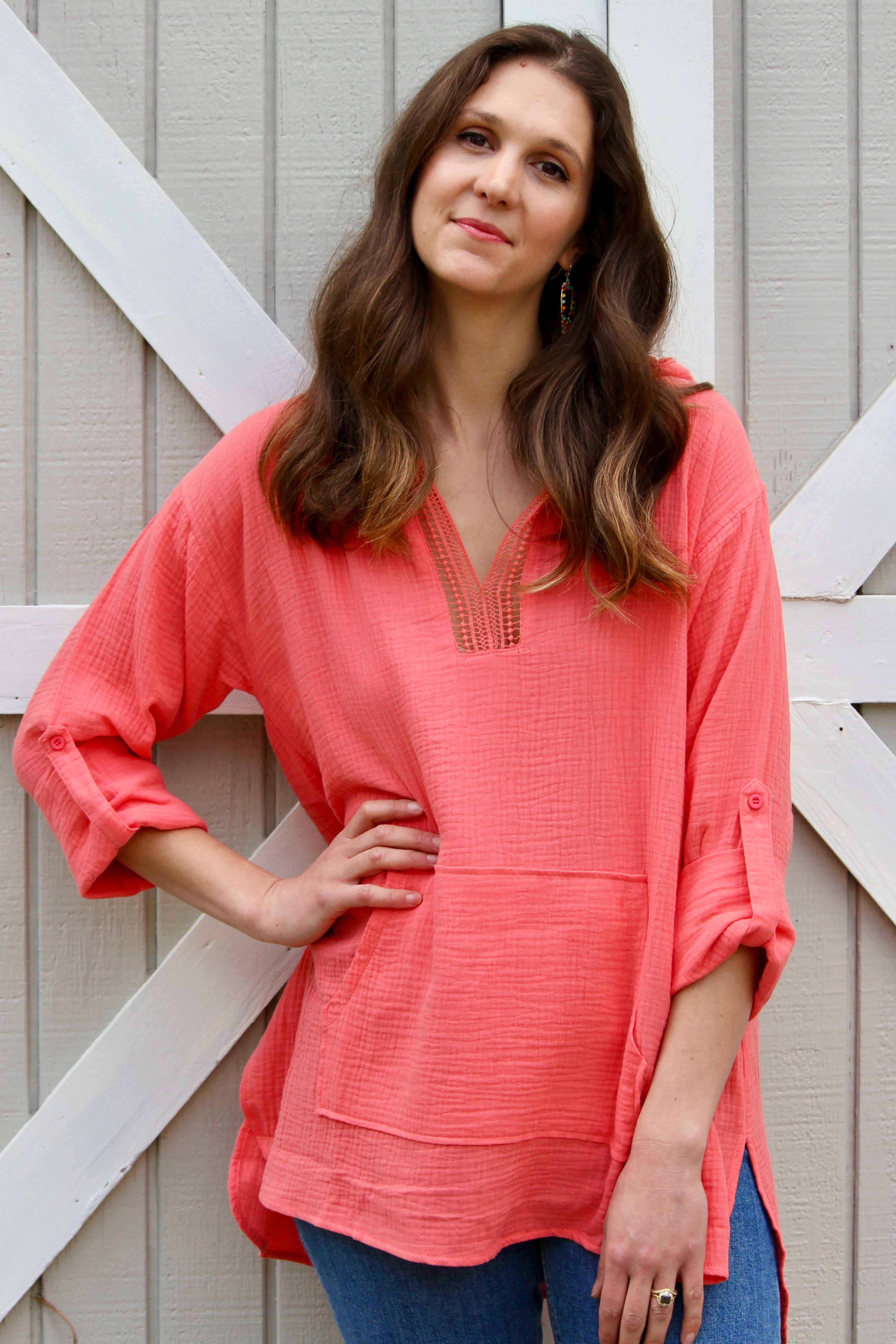 Hooded Tunic Top - Coral