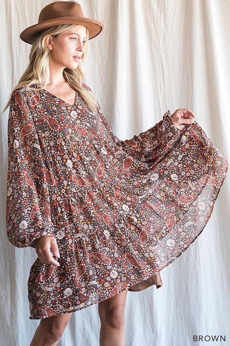 Paisley Tiered Dress - Brown Mix